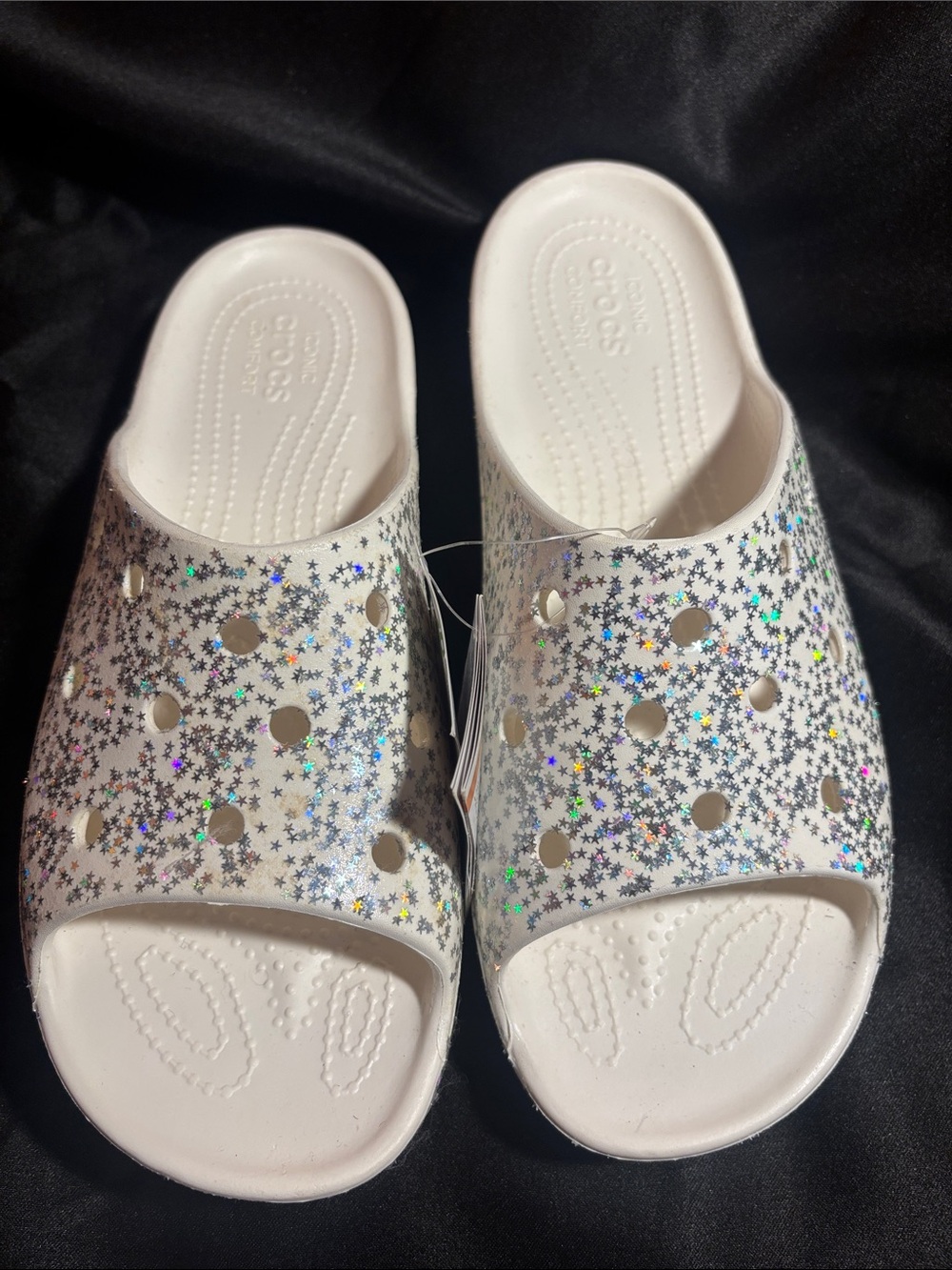 White Glitter Star Slide Sandals